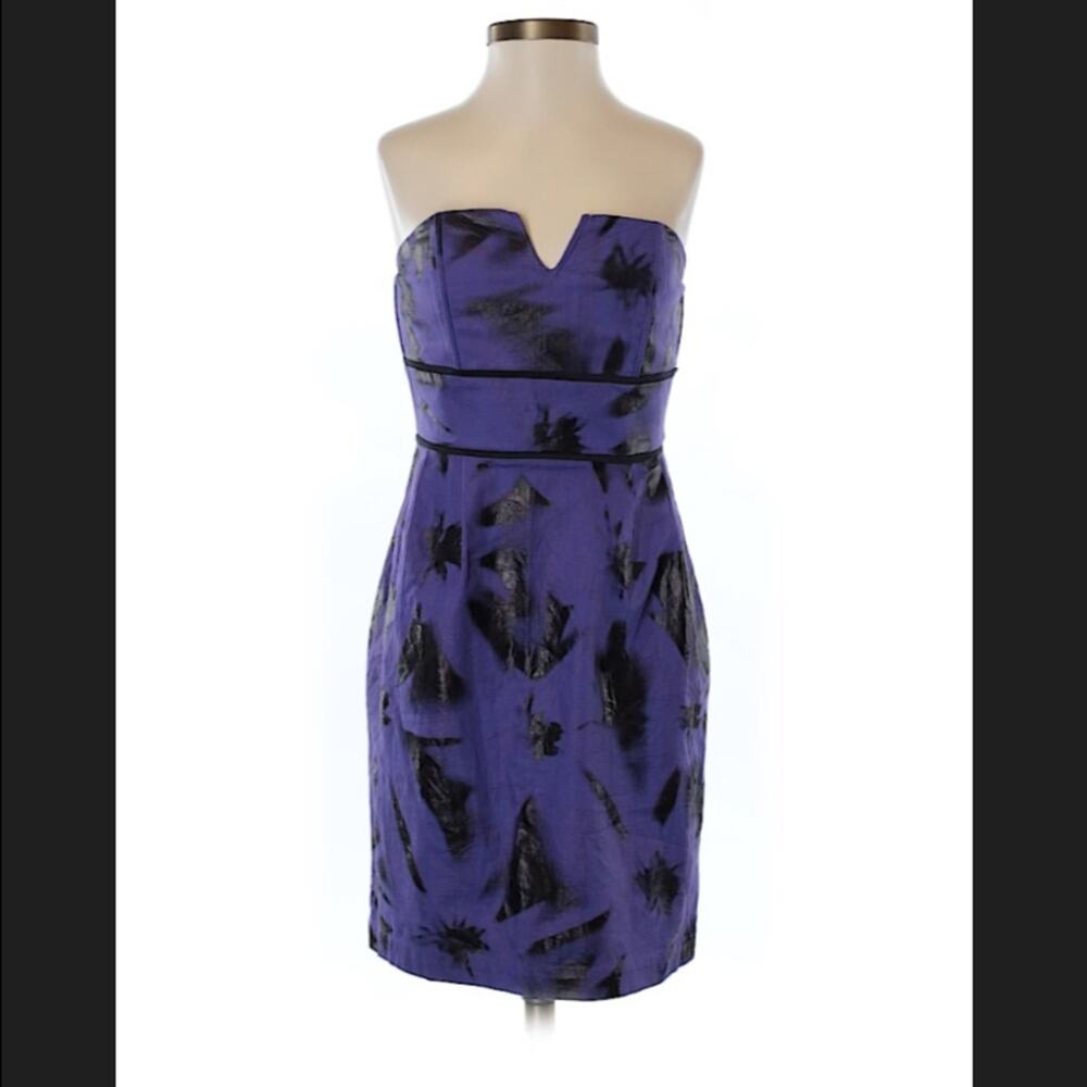 Modcloth Minuet purple patterned strapless sheath party dress, small